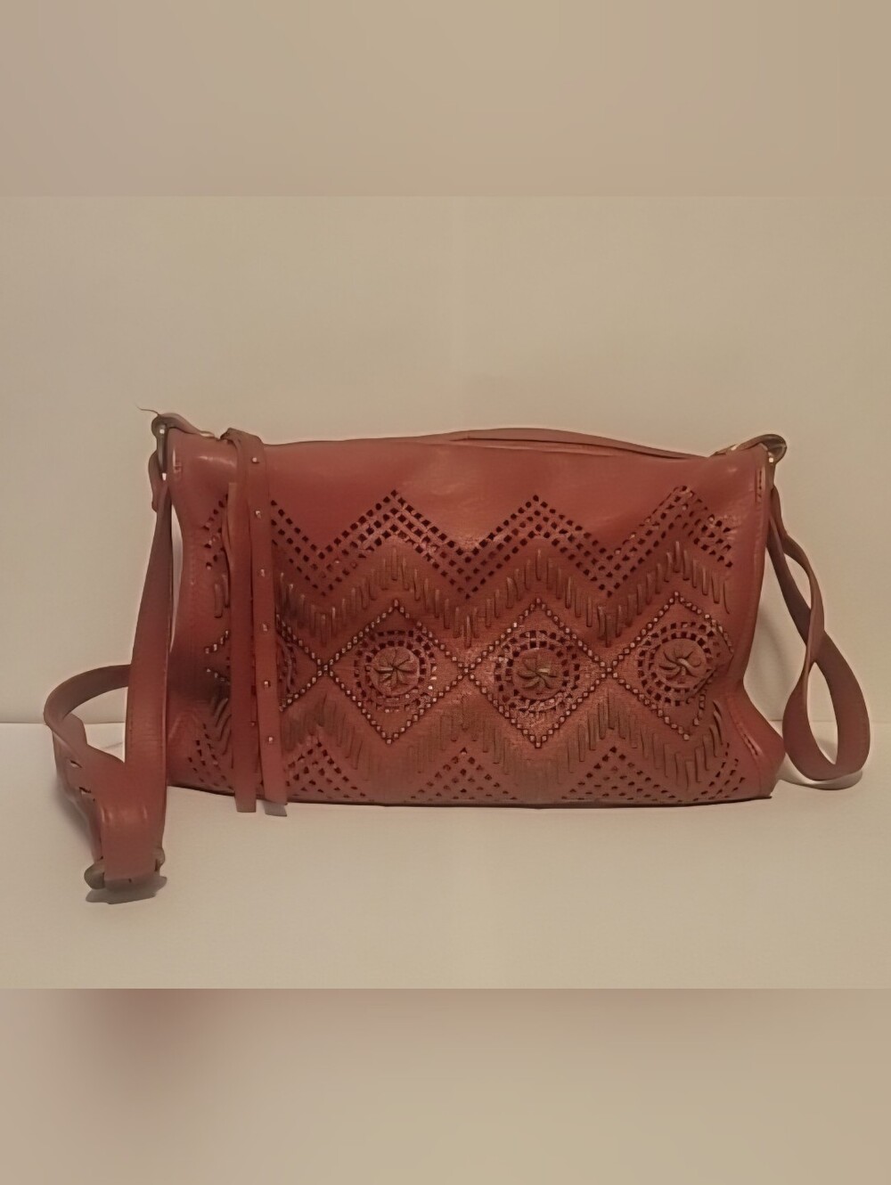 Sharif Rust Brown Laser-Cut Leather Crossbody Clutch